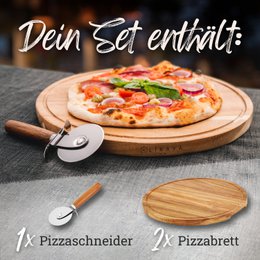 Pizza board/pizza plate 'Mario' 2 Set round with pizza cutter [⌀35cm tall] made of FSC®-certified acacia wood
