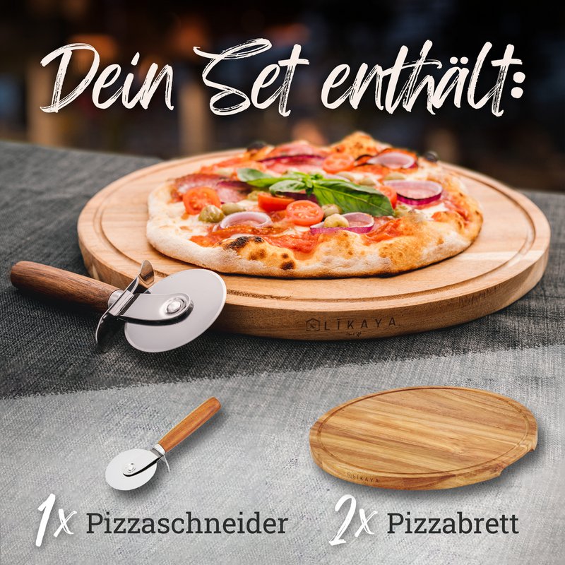 Pizza board/pizza plate 'Mario' 2 Set round with pizza cutter [⌀35cm tall] made of FSC®-certified acacia wood