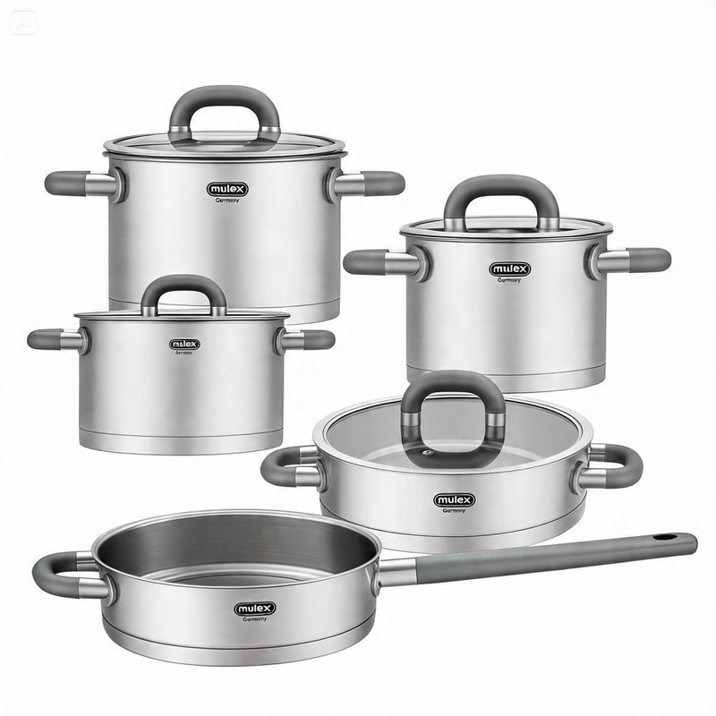 LUGANO Edelstahl Topfset 6tlg. + Stielpfanne 24 cm + Servierpfanne 24 cm