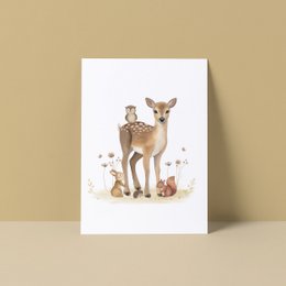 Cute deer illustration with forest elements. Soft, warm colors. Suitable for greeting cards, posters, or other nature-themed products.