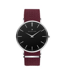 Burgundy red and full black watch with a minimalist black dial and silver-tone hands and markers.