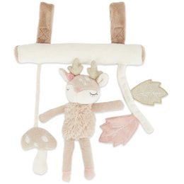 Soft, plush deer-themed pram accessory with hanging toys and decorative elements. Neutral colors and natural materials create a calming, nature-inspired design.