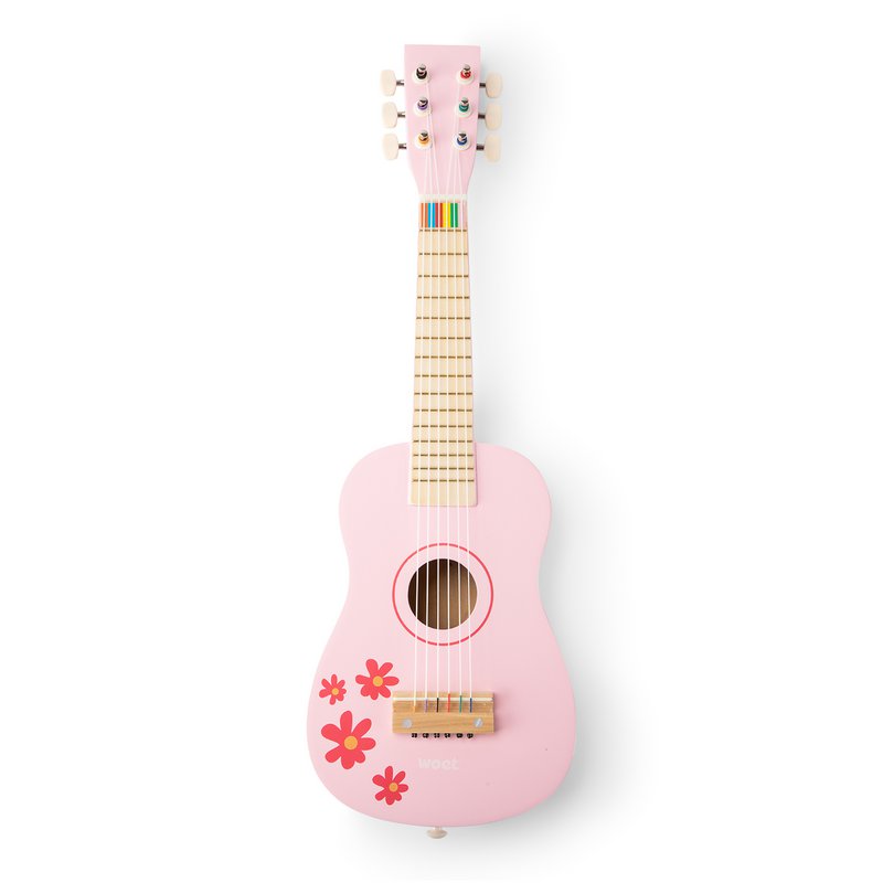 Houten Speelgoedgitaar - Roze met Bloemen