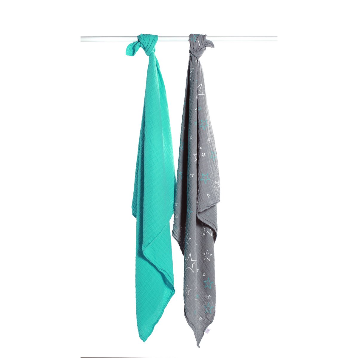 Swaddle Hydrofiele Multidoeken 120×120 cm- Set van 2 stuks – 100% Katoen- Grijs/Tirquoise/Sterren