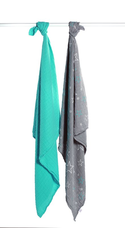 Swaddle Hydrophilic Multi Cloths 120×120 cm- Set of 2 pieces – 100% Cotton- Grey/Tirquoise/Stars