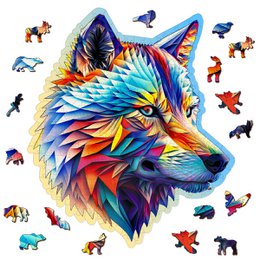  Colorful, abstract wolf puzzle with vibrant, geometric patterns and shapes. Suitable for adults and children interested in puzzles and wildlife art.