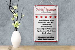 Plaque en tôle disant 12x18cm Hôtel Mama décoration blanc-rouge