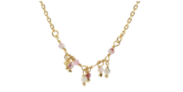 Delicate vermeil necklace with dangling charms in various colors.