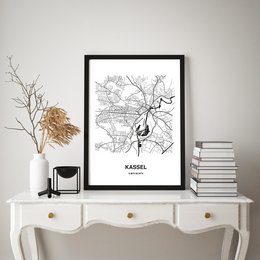 Black and white map art print of Kassel, Germany. Features a minimalist, line-drawn style map design showcasing the city's streets and landmarks.