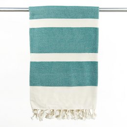 Organic cotton hammam towel in ocean green color with striped pattern.