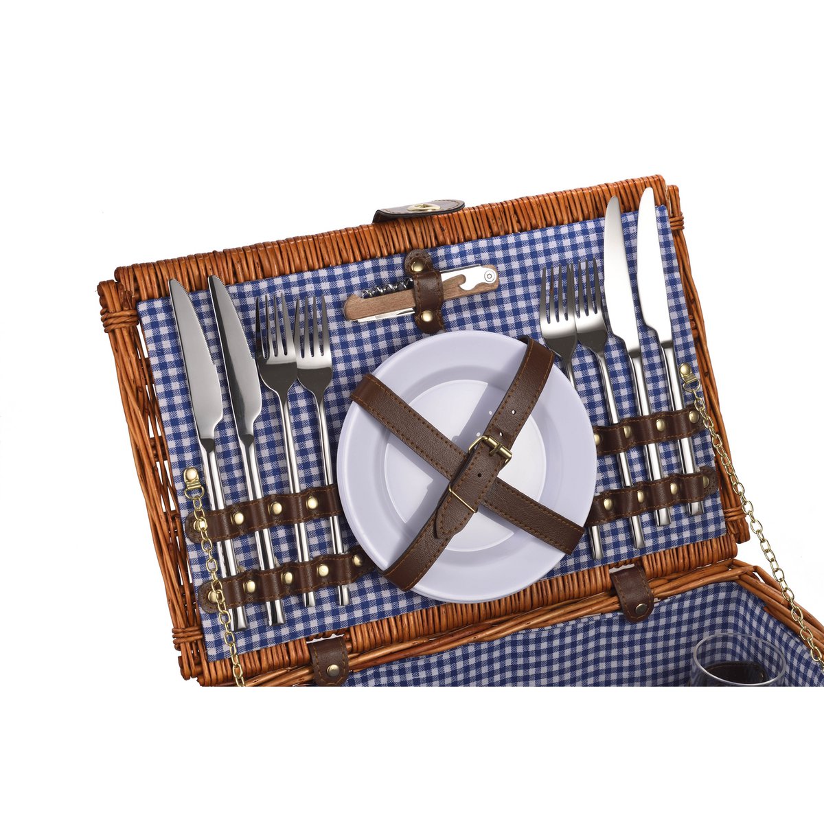 LAGUIOLE, Panier Pique-Nique pour 4 Personnes, Osier, Coton, Céramique, Métal et PVC, Repas Nomades, Plein Air, Extérieur, Camping, Randonnée, Marron