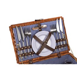 LAGUIOLE, Panier Pique-Nique pour 4 Personnes, Osier, Coton, Céramique, Métal et PVC, Repas Nomades, Plein Air, Extérieur, Camping, Randonnée, Marron
