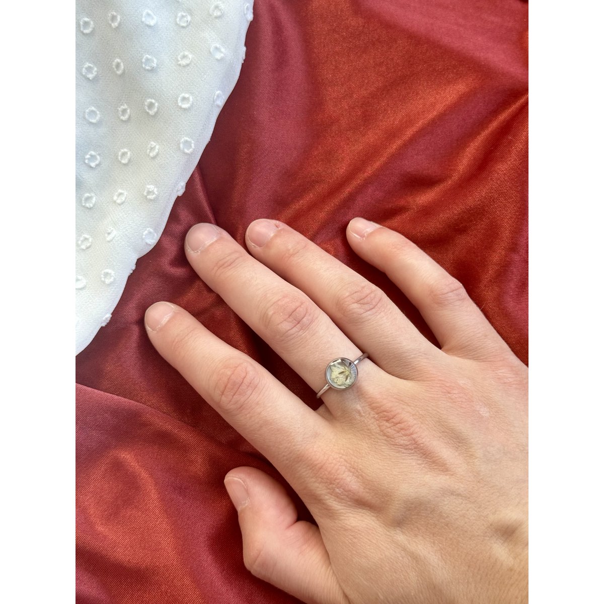 Stainless Steel Ring with real Gypsophila flowers