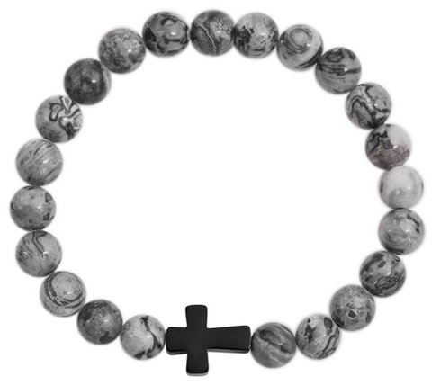 "Jamie" accent stainless steel ball bracelet, natural stone, gray, anthracite (agate)