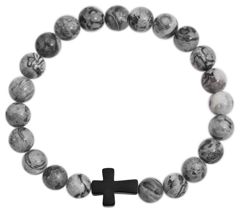 "Jamie" accent stainless steel ball bracelet, natural stone, gray, anthracite (agate)