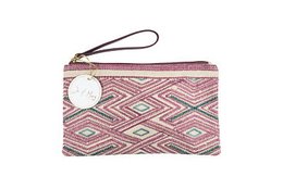 Embroidered pouch with geometric pattern in shades of pink and white. Rectangular shape with zipper closure and wrist strap.