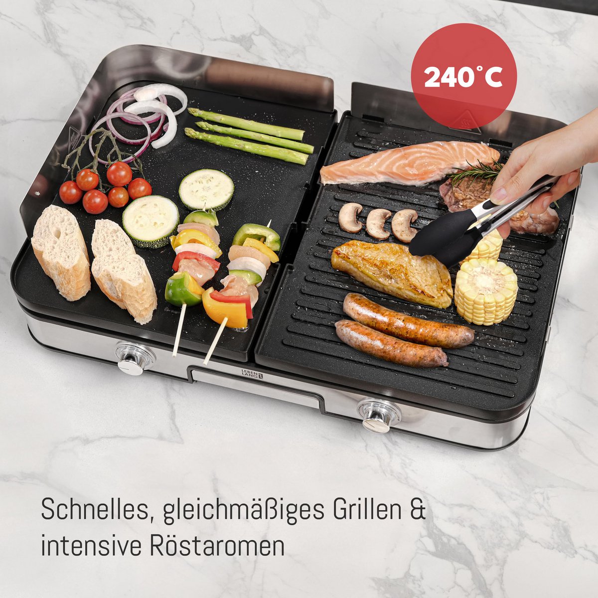 LEBENLANG Elektrogrill Tischgrill elektrisch - Inkl. Grillzange & Spritzschutz I 2400W Für Drinnen & Draußen I Gril Elektro Grill für Balkon Tisch I Elektrischer Plattengrill Indoor Grills Indoorgrill