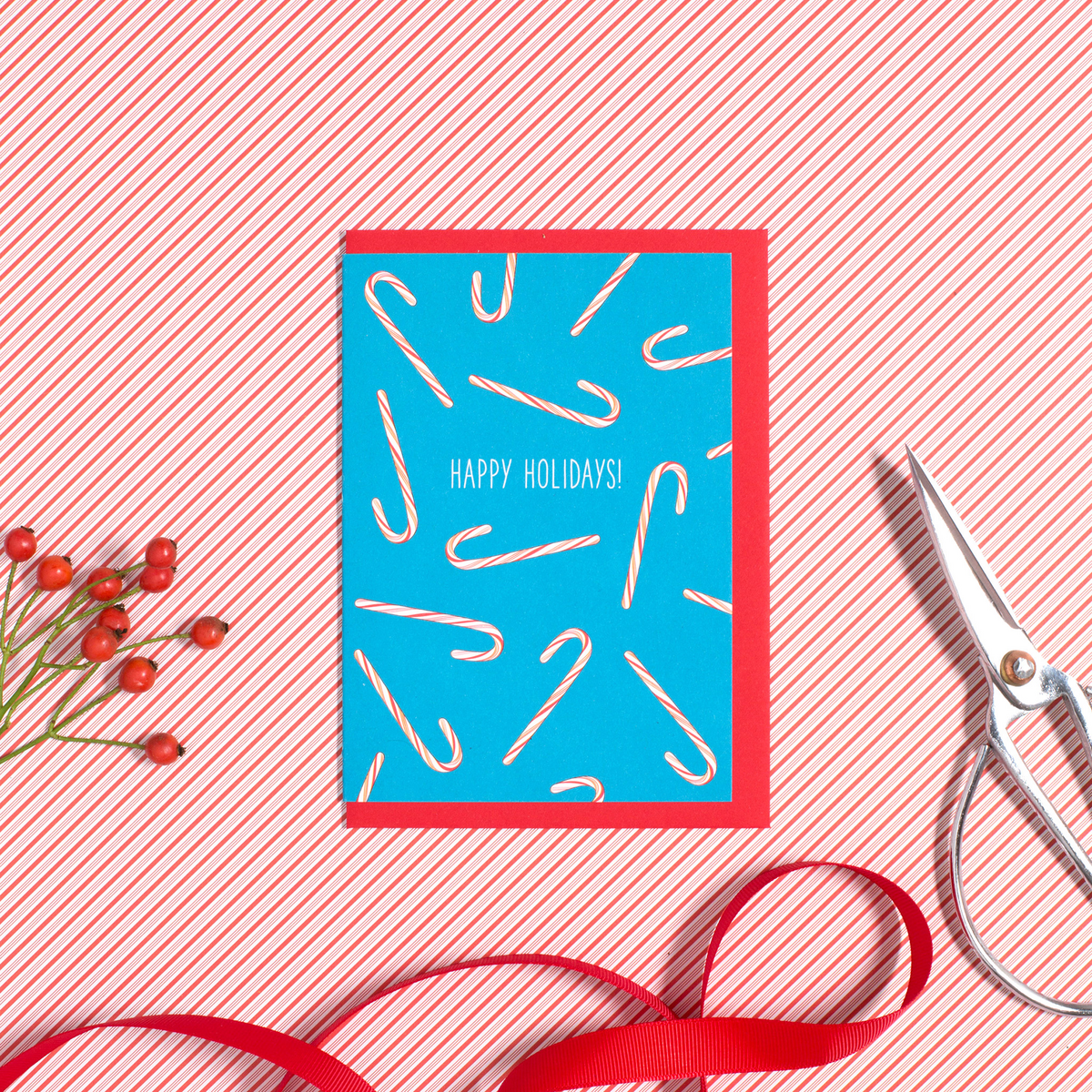 Weihnachtskarte mit Zuckerstangen "Happy Holidays" in Türkis aus 100% Recyclingpapier
