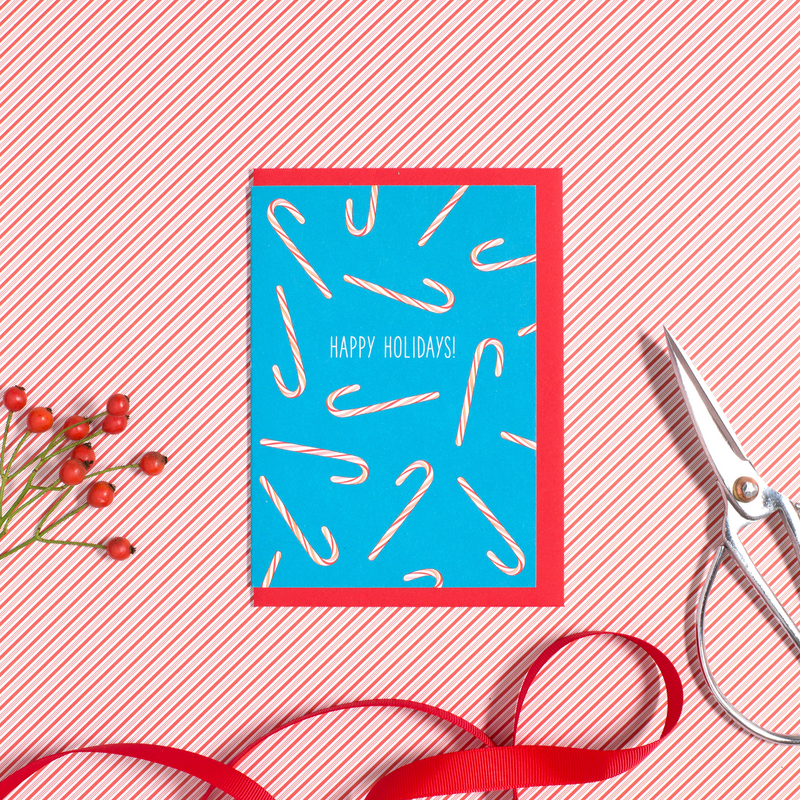 Weihnachtskarte mit Zuckerstangen "Happy Holidays" in Türkis aus 100% Recyclingpapier