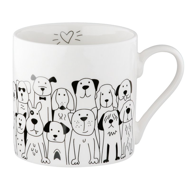 Tasse / Becher, "Hundebande", Hundmotiv, Knochenporzellan, weiß, VE 6, L. 8.8 cm, B. 12.5 cm, H. 9 cm