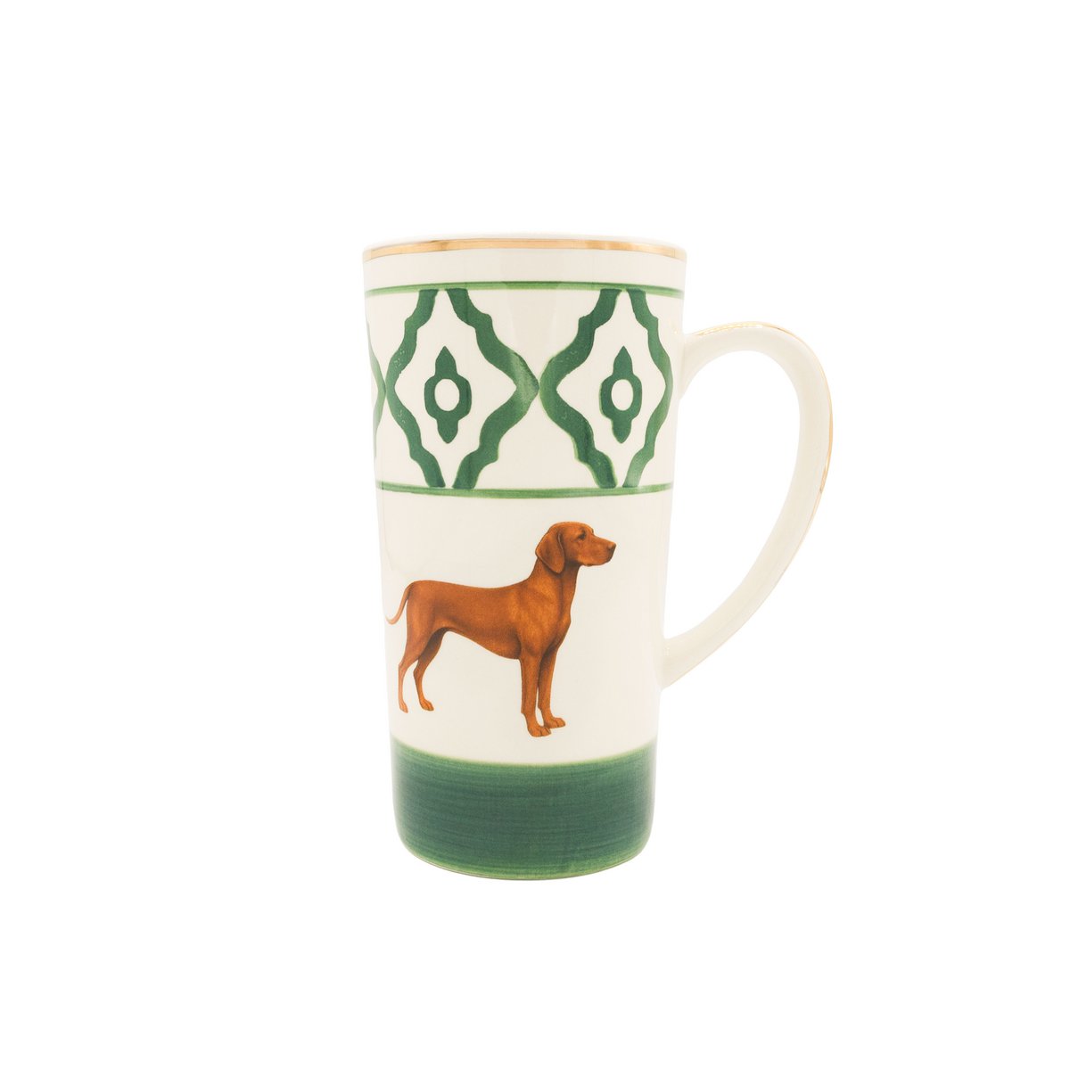 Taza de té modelo Vizsla de cerámica pintada a mano con motivo Vizsla, borde dorado y mango bañado en oro, 250 ml. Contenido de la taza disponible en rojo, verde y azul. Copiar