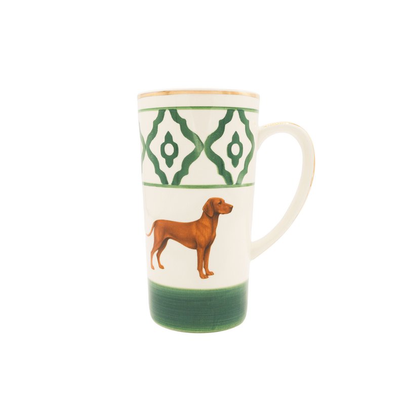 Taza de té modelo Vizsla de cerámica pintada a mano con motivo Vizsla, borde dorado y mango bañado en oro, 250 ml. Contenido de la taza disponible en rojo, verde y azul. Copiar