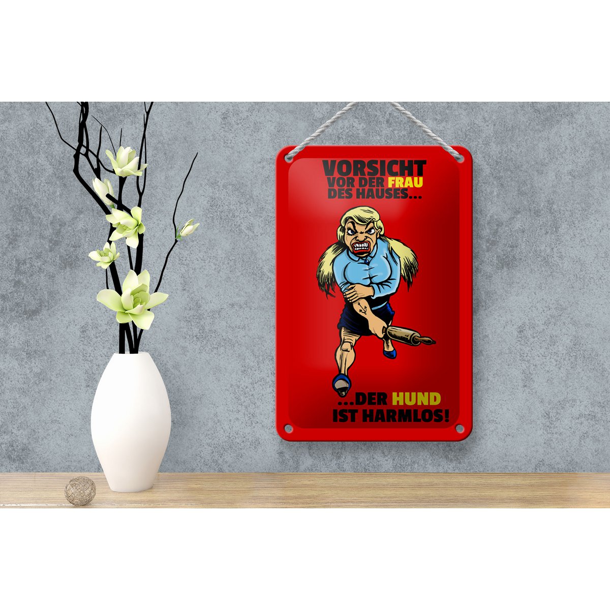 Tin sign note 12x18cm Beware of woman dog harmless decoration