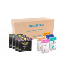 The iNCAFE/iNTEA Starter Pack contains a variety of coffee capsules in different flavors, including black coffee and flavored coffee. The pack comes in a cardboard box.