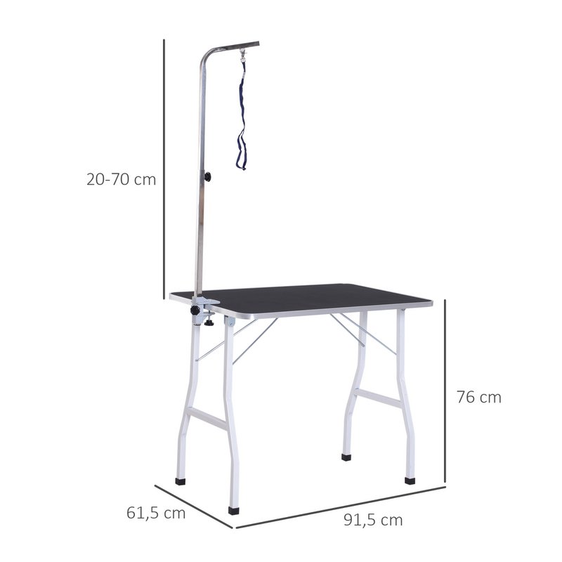 Trimming table for dogs, dog grooming table, foldable, pet grooming table with height-adjustable boom, slings, non-slip surface, shearing table up to 150 kg, 91.5 x 61.5 x 76 cm, black