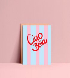 Ciao Bella postcard with colorful striped design and handwritten text.