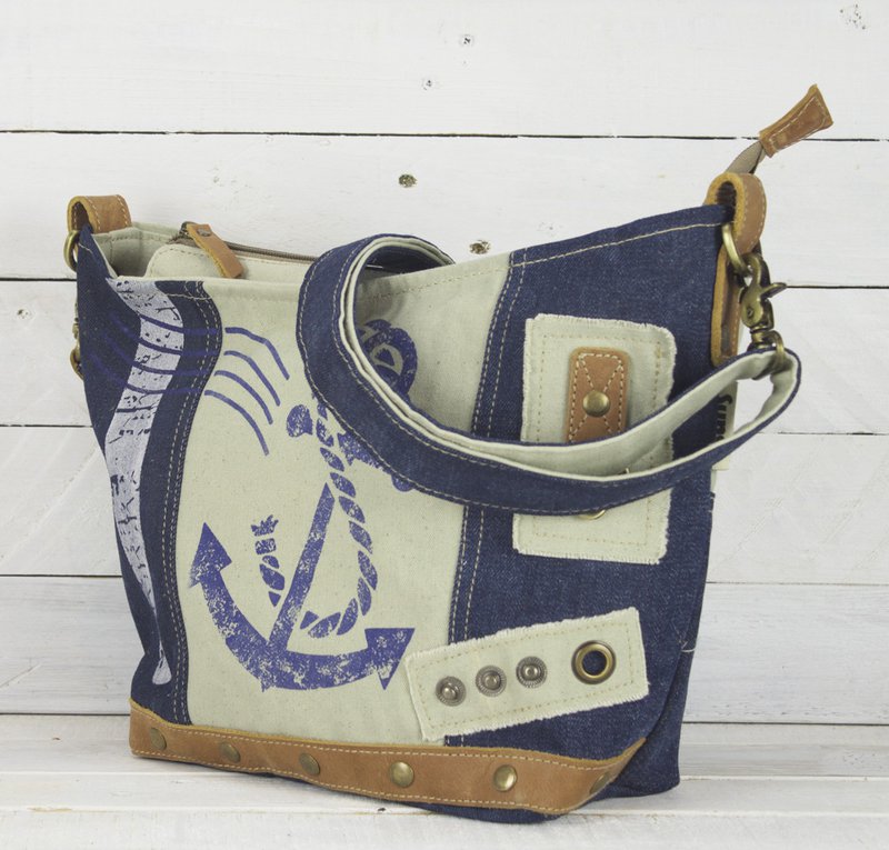 Bolso de hombro sostenible de mujer Sunsa. Bolso bandolera hecho de jeans reciclados y lona (canvas). Bolso estilo retro vintage. Bolso bandolera para mujer.
