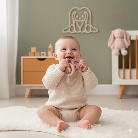 Weich & hart | Bunny & Blatt Rassel Holz & Silikon Teether | Erröten & Rose