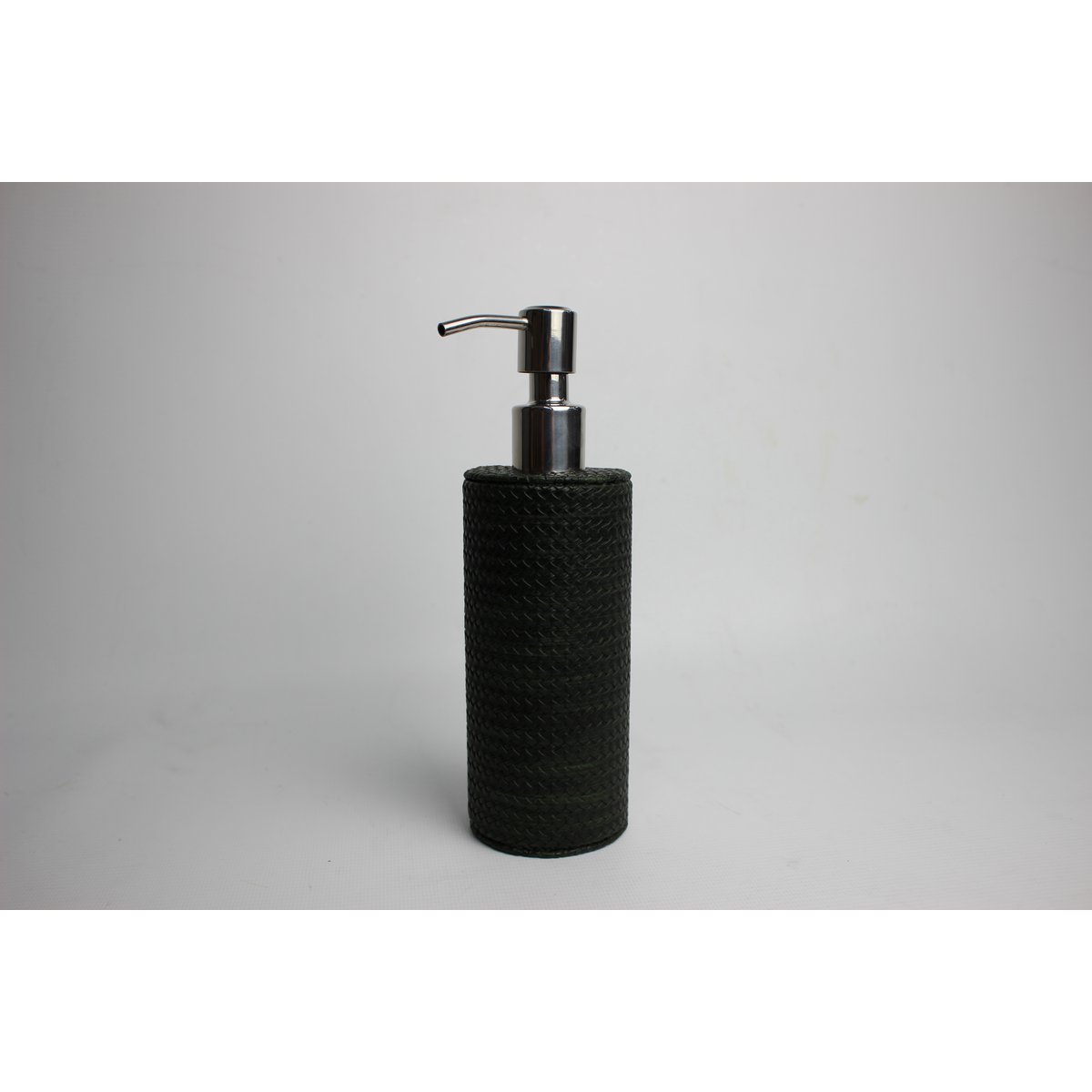Round soap dispenser in crocodile look-black and stainless steel