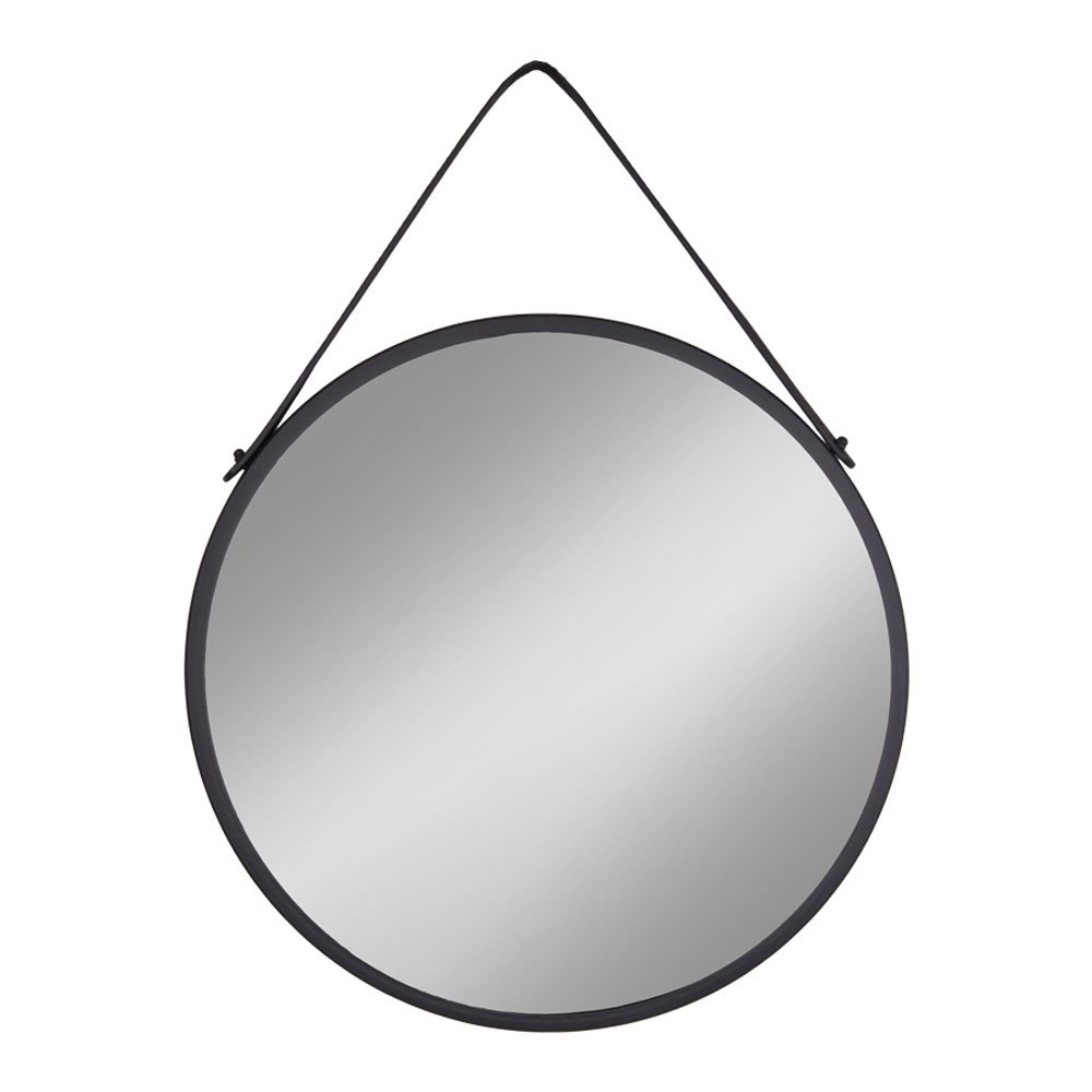 Trapani Mirror - Black, Steel, Artificial Leather, Ø38cm