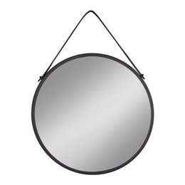 Trapani Mirror - Black, Steel, Artificial Leather, Ø38cm