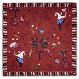 Silk scarf with floral and bird motifs in shades of red, featuring a square shape and a decorative border.