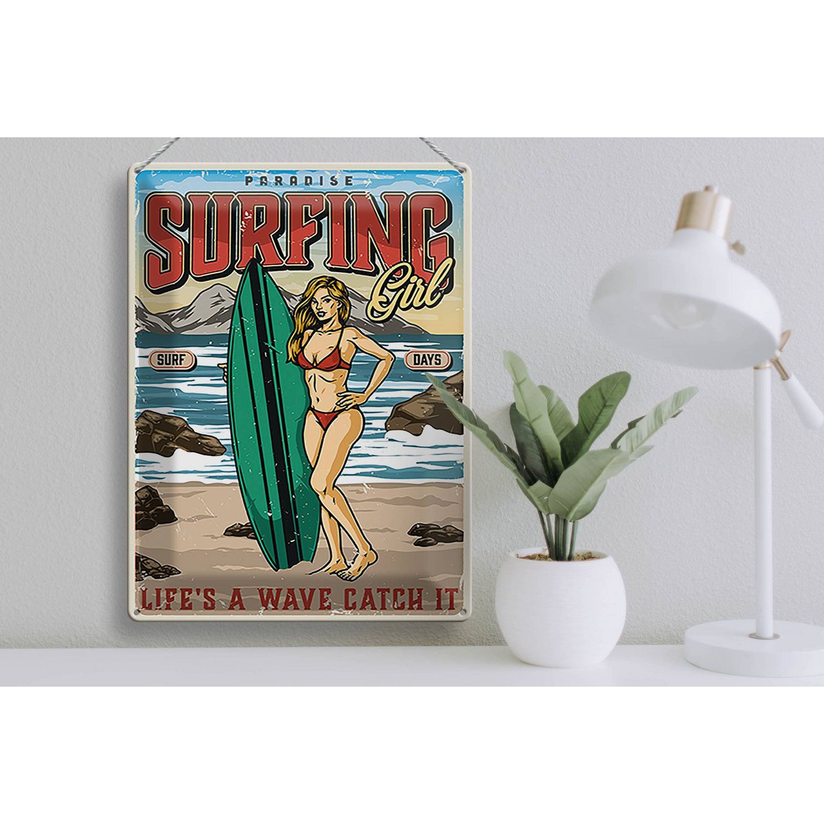 Blechschild Pinup 30x40cm Surfing Girl Paradise Sommer