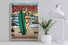 Blechschild Pinup 30x40cm Surfing Girl Paradise Sommer