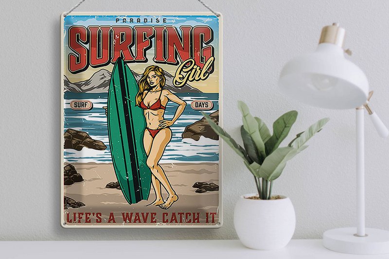 Blechschild Pinup 30x40cm Surfing Girl Paradise Sommer