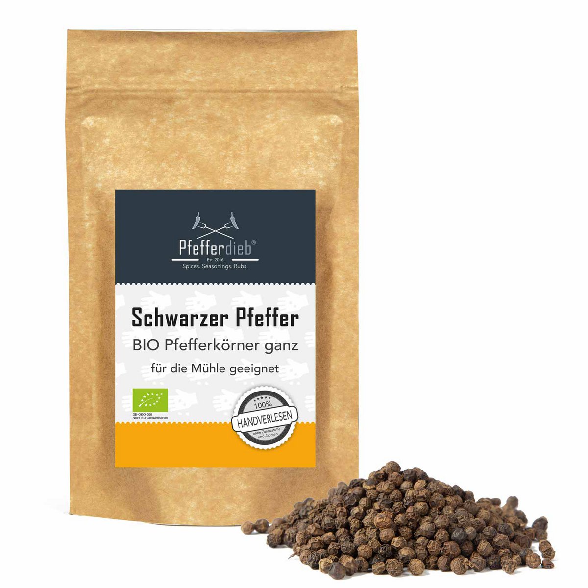 Zwarte peper volledig, premiumkwaliteit rechtstreeks van de Spice Garden, organisch, 250 g