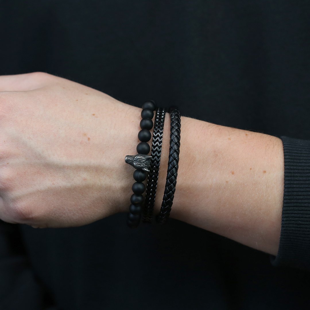 Frank 1967 7FB-0589 Heren Armband - Kralen - Agaat - Zwart - 8 mm Doorsnee - Rekbaar - Wolf - Staal - Vintage look - Antraciet