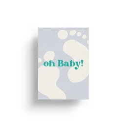 Greeting card with light blue baby footprints and the text "oh Baby!" on a gray background. The card is suitable for baby showers, new baby announcements, or other baby-related occasions.