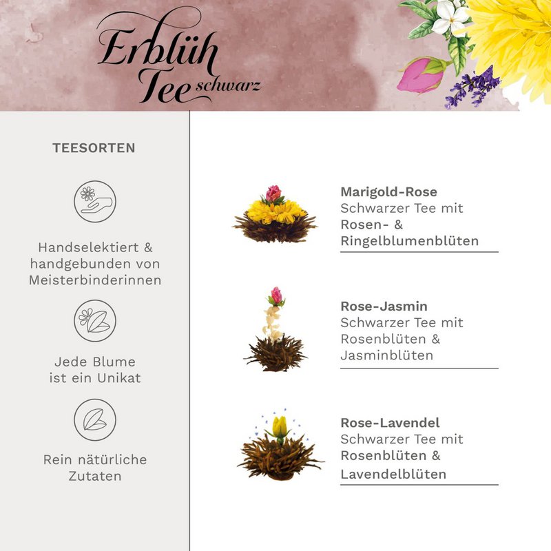 Blooming tea giftset in modern bloemmotief met glazen kan, zwarte thee (6 theeroosjes / 3 soorten)