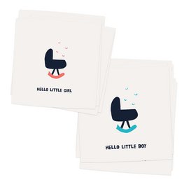 Set of 10 greeting cards with envelope featuring baby stroller icons for boy and girl. Matte off-white heavy quality biotop paper. Suitable for birth announcements, congratulations, and other baby-related occasions.