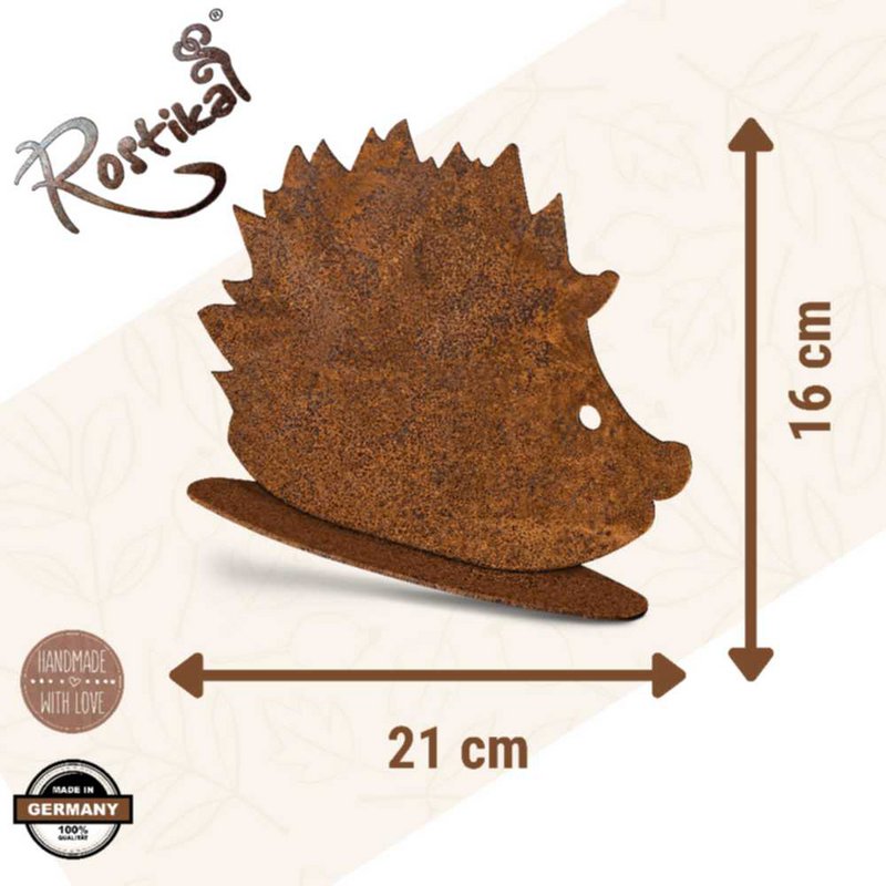 Metalen decoratieve egelfiguren op bodemplaat | Herfstdecoratie roest