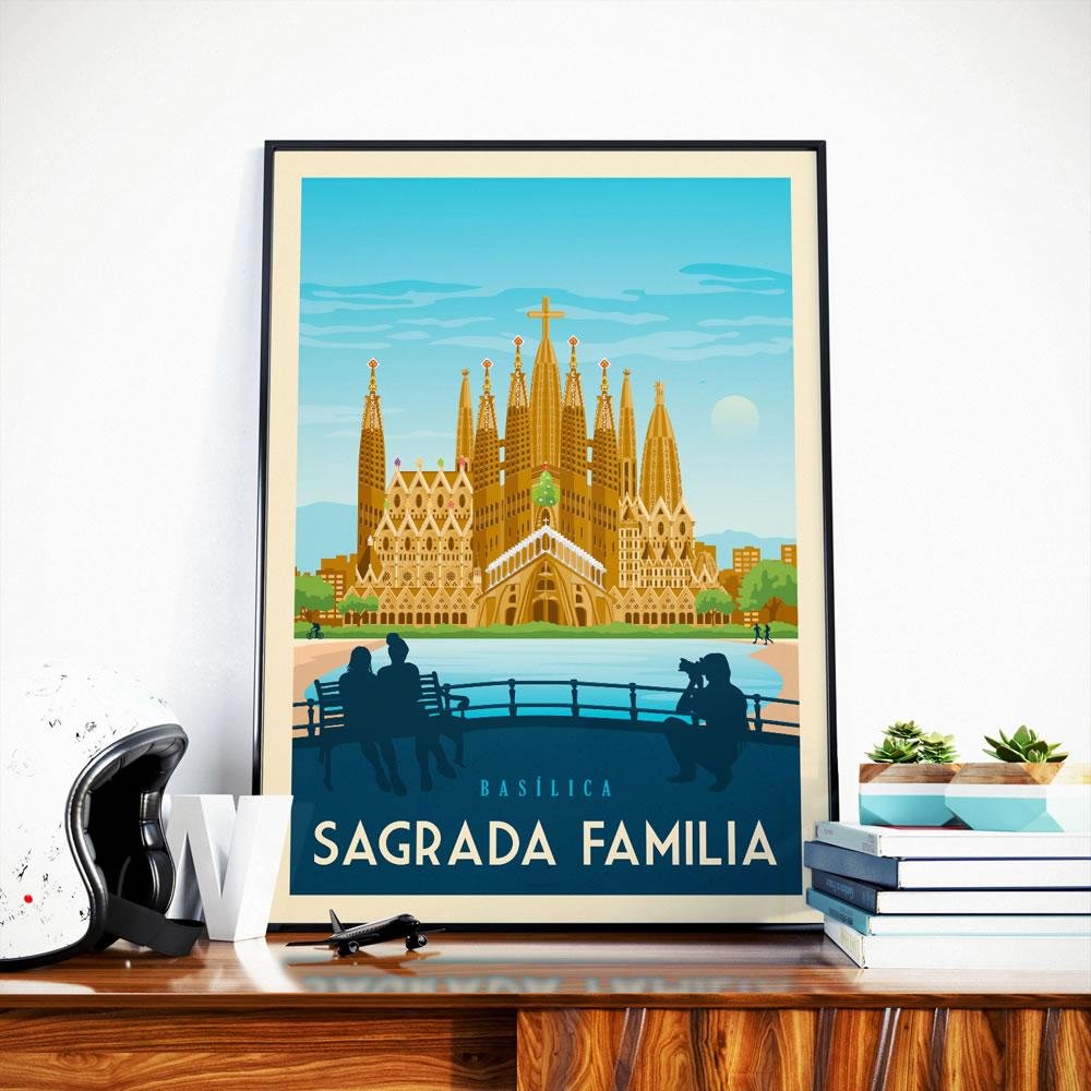 Affiche Barcelone Vintage | Poster Ville Barcelone Sagrada Familia Catalogne Espagne