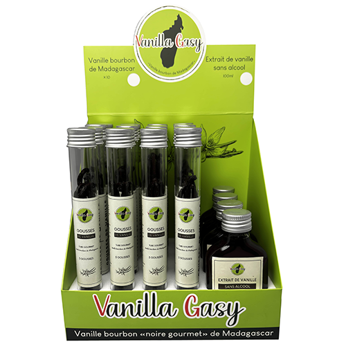 Présentoir tubes de gousses & extraits de vanille Bourbon