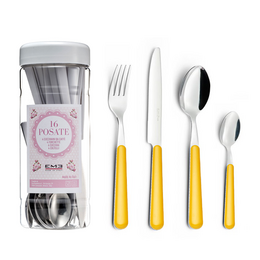  A 24-piece cutlery set in a window box, featuring a variety of colorful stainless steel utensils including forks, knives, and spoons.