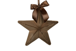  Taupe fabric star ornament with brown bow, decorative hanging star shape, neutral color home decor accent.