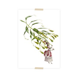 Postcard featuring a collage of a little lady and an umbrella plant. The image shows a whimsical illustration of a young girl standing under a large, lush umbrella plant.